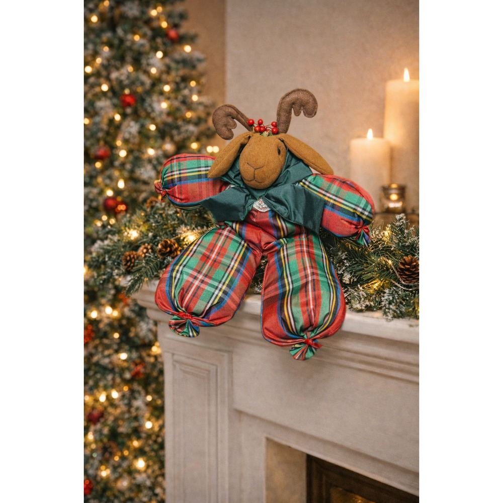 Vintage 90s‎ Christmas Reindeer Plush Stuffed Animal Tartan Plaid Sitter Nylon